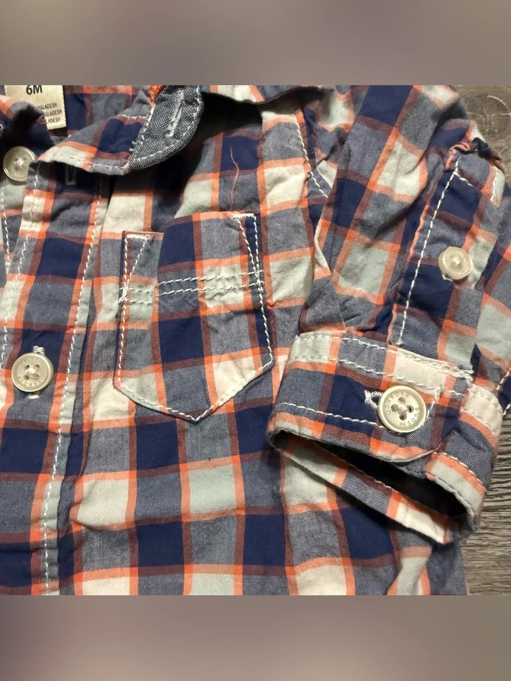 Baby B'gosh Plaid Button Up Bodysuit 6M Navy Blue Orange Snap Bottom